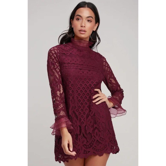 Lulu's Burgundy Lace Mini Dress - Picture 1 of 12